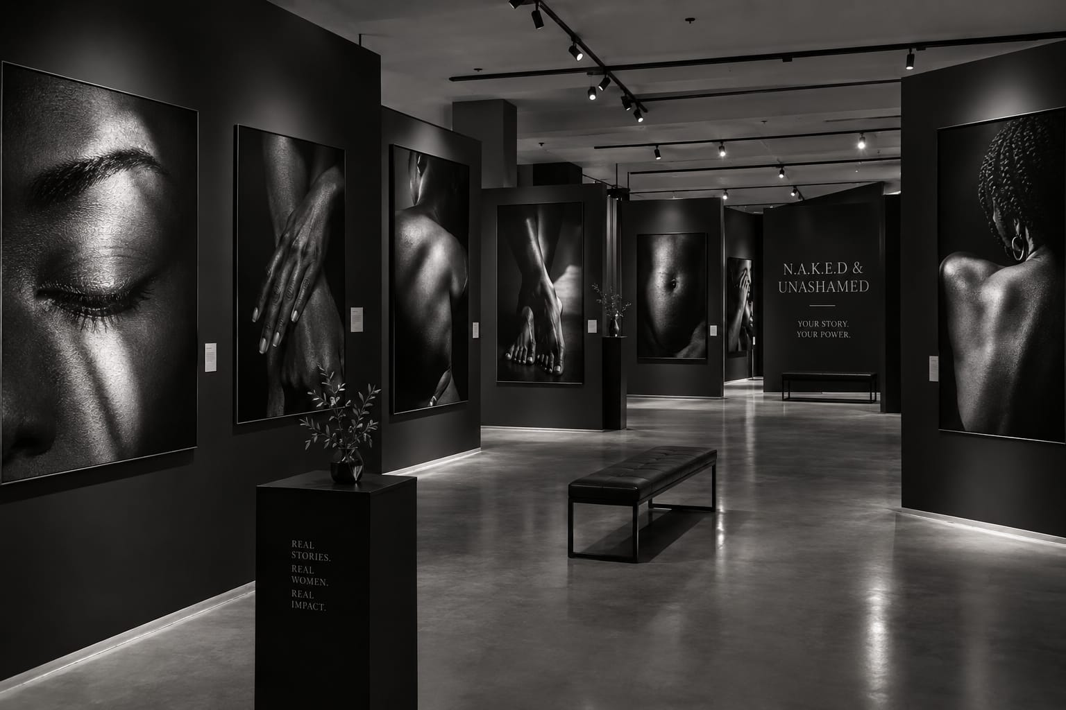 Monochrome gallery installation from the N.A.K.E.D & Unashamed exhibition